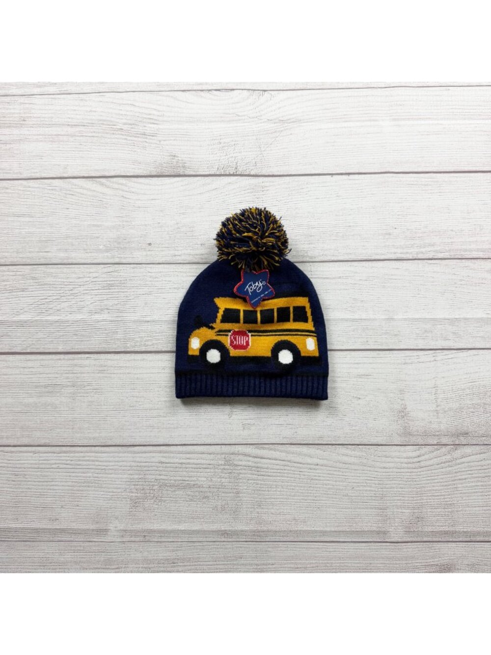 Toby School Bus Knit Beanie Pom  Navy Yellow Toddler NWT 2-4 Years